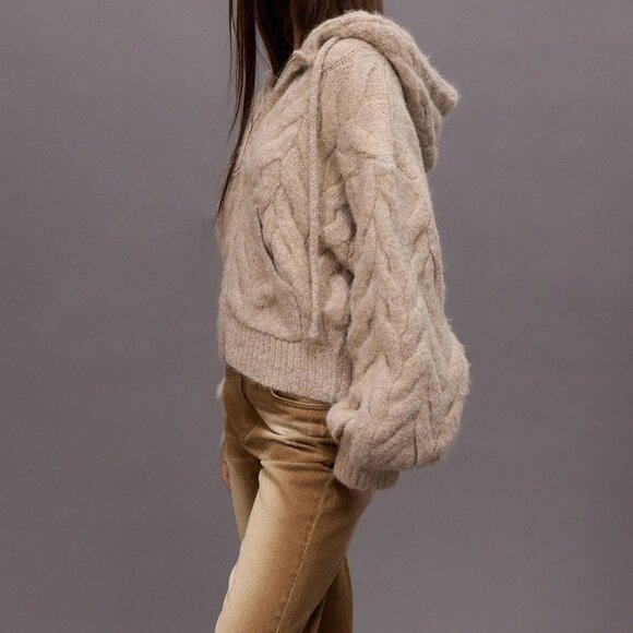 Khaki Casual Women's Chunky Oversized Hooded Cable Knit Sweater - Picture 4 of 6